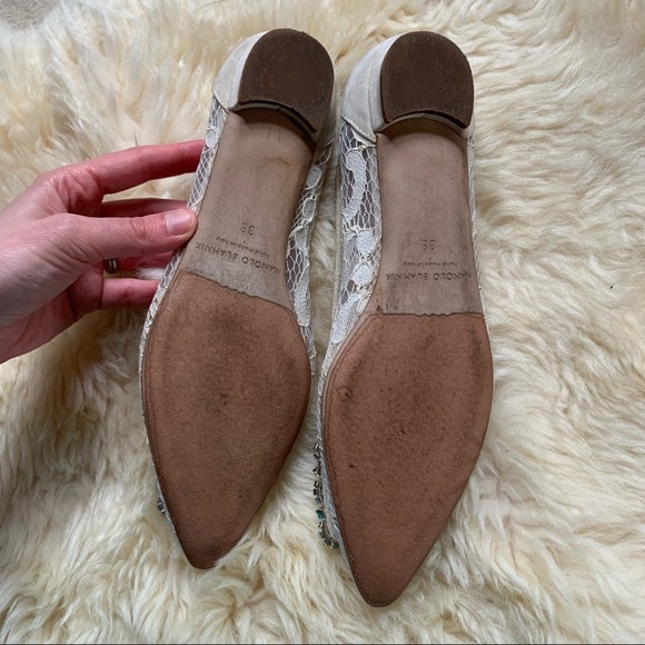 Manolo Blahnik Crystal Embellished Hangisi White Bridal Lace Buckle Classic Flat - Picture 11 of 14